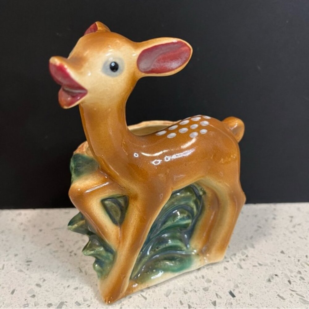 Vintage SHAFFORD Deer Planter Bambi Hand Painted Decorated Vase Japan MCM